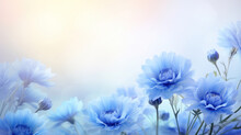Delicate Blue Flowers Bathed In Soft Light, With A Dreamy Bokeh Effect In The Background.