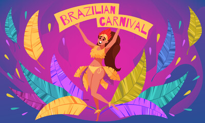 Poster - Hand drawn flat cartoon brazilian carnival background with a dancer woman, tropical leaves and confetti