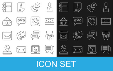Poster - Set line Speech bubble chat, Headphones with question, Stacks paper money cash, Declined or missed call, Signboard text Help, Notebook and Telephone handset icon. Vector
