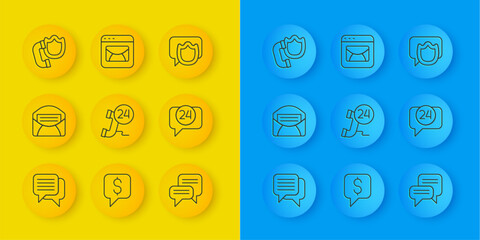 Poster - Set line Speech bubble chat, Mail and e-mail, Telephone 24 hours support, handset with shield,  and  icon. Vector