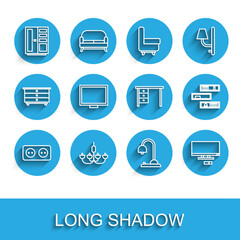 Poster - set line electrical outlet, chandelier, wardrobe, table lamp, smart tv, picture frame on table, shel