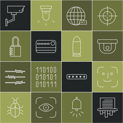 Wall Mural - Set line Paper shredder, Face recognition, Motion sensor, Social network, Credit card, Safe combination lock, Security camera and Bullet icon. Vector