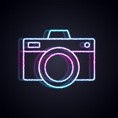 Poster - Glowing neon line Photo camera icon isolated on black background. Foto camera icon.  Vector