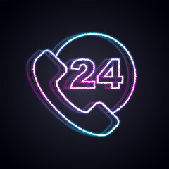 Sticker - Glowing neon line Telephone 24 hours support icon isolated on black background. All-day customer support call-center. Full time call services.  Vector