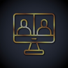 Poster - Gold line Video chat conference icon isolated on black background. Computer with video chat interface active session on screen.  Vector