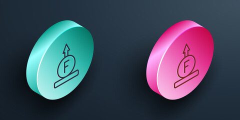 Poster - Isometric line Force of physic formula calculation icon isolated on black background. Turquoise and pink circle button. Vector