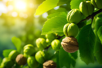 Wall Mural - Close up of walnuts on a tree branch with green leaves.