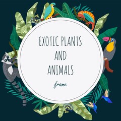 Sticker - Hand drawn flat exotic flora and fauna round frame background with wild animals and tropical plants