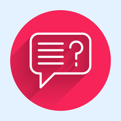 Poster - White line Unknown search icon isolated with long shadow background. Magnifying glass and question mark. Red circle button. Vector