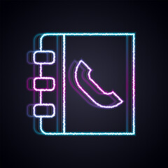 Poster - Glowing neon line Phone book icon isolated on black background. Address book. Telephone directory.  Vector
