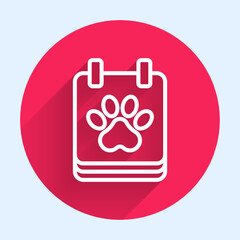 Poster - White line Calendar grooming icon isolated with long shadow background. Event reminder symbol. Red circle button. Vector