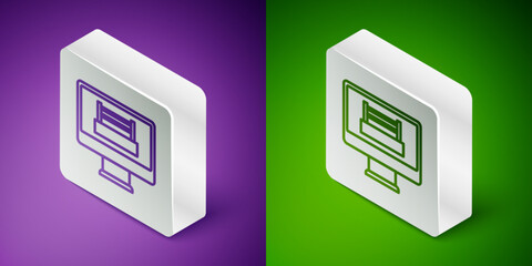 Wall Mural - Isometric line Boxing ring show at television screen monitor icon isolated on purple and green background. Silver square button. Vector