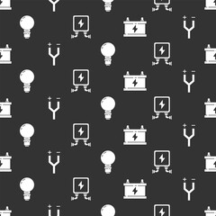 Poster - Set Car battery, Electric cable, Light bulb with concept of idea and Electric transformer on seamless pattern. Vector