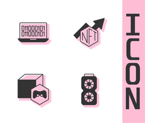 Poster - Set Video graphic card, Binary code, NFT Digital crypto art and growth bar chart icon. Vector