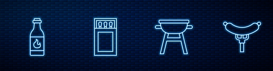 Wall Mural - Set line Barbecue grill, Tabasco sauce, Matchbox and matches and Sausage on the fork. Glowing neon icon on brick wall. Vector