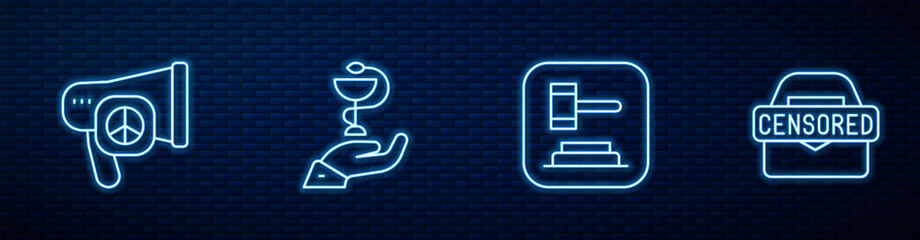 Poster - Set line Judge gavel, Peace, Caduceus snake medical and Censored stamp. Glowing neon icon on brick wall. Vector