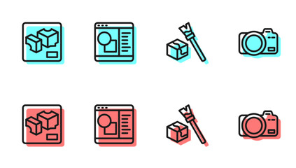 Sticker - Set line Isometric cube, 3D printer, software and Photo camera icon. Vector