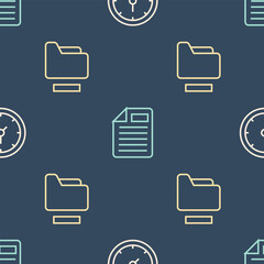 Poster - Set line Clock, Document folder and File document on seamless pattern. Vector