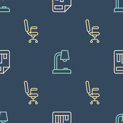 Poster - Set line Document with graph chart, Office chair and Table lamp on seamless pattern. Vector