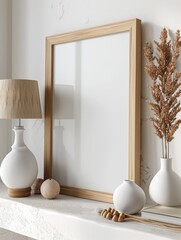 Wall Mural - Wooden Empty vertical picture frame mockup. Ceramic vase with dry flowers. Scandinavian interior