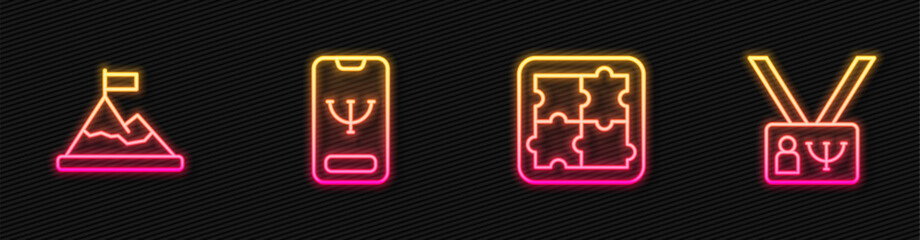 Poster - Set line Solution problem in psychology, Mountains with flag top, Online psychological counseling and Psychology. Glowing neon icon. Vector