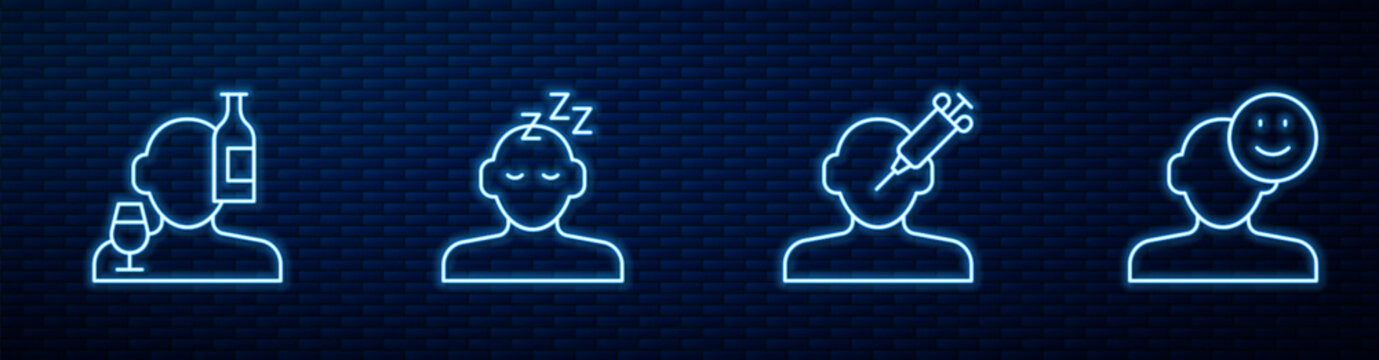 Set line Addiction to the drug, Alcoholism, Dreams and Good mood. Glowing neon icon on brick wall. Vector