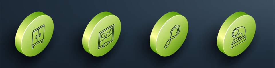 Poster - Set Isometric line Wardrobe, Picture, Magnifying glass and Old gramophone icon. Vector