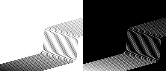 Fototapete - Abstract background with halftone dots in flowing stream. Big Data or AI concept. Black shape on a white background and the same white shape on the black side.