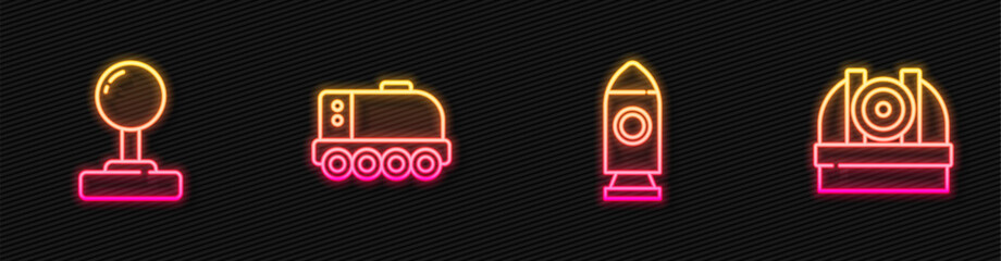 Poster - Set line Rocket ship, Joystick, Mars rover and Astronomical observatory. Glowing neon icon. Vector