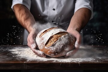 Baker is making in oven fresh sourdough bread with mess of flour on table. Generative Ai.