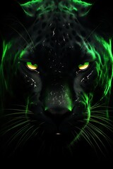 Abstract Panther close-up in green Neon lighting, green eyes, 3D, Banner, Album design, notebooks, smartphone background