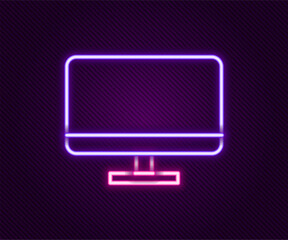 Poster - Glowing neon line Computer monitor screen icon isolated on black background. Electronic device. Front view. Colorful outline concept. Vector