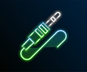 Wall Mural - Glowing neon line Audio jack icon isolated on black background. Audio cable for connection sound equipment. Plug wire. Musical instrument. Colorful outline concept. Vector