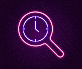 Canvas Print - Glowing neon line Magnifying glass with clock icon isolated on black background. Clock search. Colorful outline concept. Vector