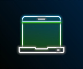 Poster - Glowing neon line Laptop icon isolated on black background. Computer notebook with empty screen sign. Colorful outline concept. Vector