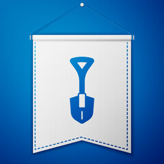 Wall Mural - Blue Shovel icon isolated on blue background. Gardening tool. Tool for horticulture, agriculture, farming. White pennant template. Vector