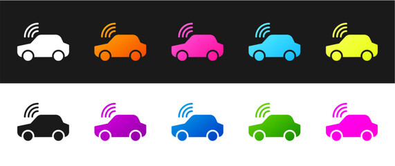 Poster - Set Smart car system with wireless connection icon isolated on black and white background. Remote car control.  Vector