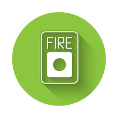 Poster - White Fire alarm system icon isolated with long shadow background. Pull danger fire safety box. Green circle button. Vector