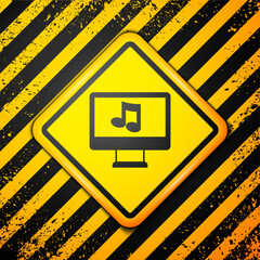 Poster - Black Computer with music note symbol on screen icon isolated on yellow background. Warning sign. Vector