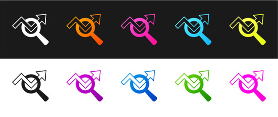 Poster - Set Magnifying glass and data analysis icon isolated on black and white background. Search sign.  Vector