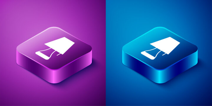 Isometric Table lamp icon isolated on blue and purple background. Square button. Vector