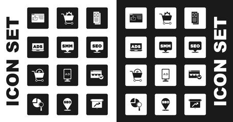 Poster - Set Browser window, Social media marketing, Advertising, SEO optimization, Shopping cart, Website template and and dollar icon. Vector