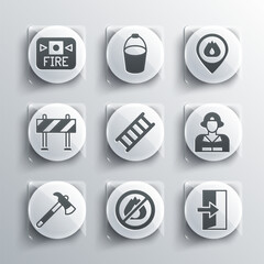 Sticker - Set No fire, Fire exit, Firefighter, escape, axe, Road barrier, alarm system and Location with flame icon. Vector