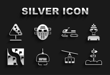 Poster - Set Ski lift, Winter athlete, Road traffic signpost, Cable car, Route location, Snowmobile, avalanches and Hockey mask icon. Vector