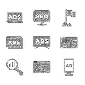 Set Advertising, Browser window, setting, Magnifying glass and analysis, Location marker and  icon. Vector