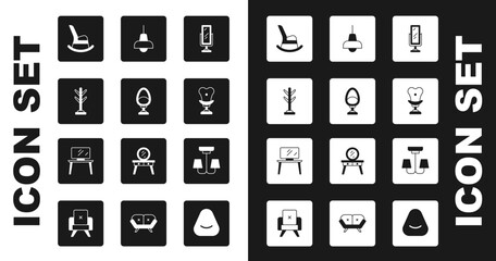 Poster - Set Big full length mirror, Armchair, Coat stand, Rocking, Lamp hanging, Chandelier and TV table icon. Vector