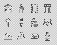 Set Line Human Skull, Ancient Bust Sculpture, Picture, Rock Stones, No Smoking, Torch Flame, Museum Ticket And Rope Barrier Icon. Vector