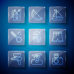 Poster - Set line Water gun, Tropical palm tree, Photo camera with flash, Yacht sailboat, Fast street food cart, Meteorology thermometer, Aqualung and Swimming trunks icon. Vector