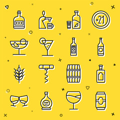 Sticker - Set line Beer can, Whiskey bottle, Vodka with pepper and glass, Martini, Cocktail, Alcohol drink Rum and Glass of vodka icon. Vector