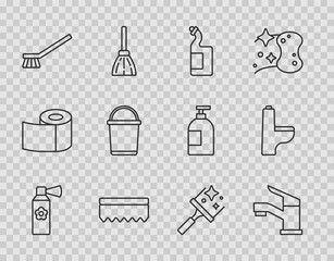 Poster - Set line Air freshener spray bottle, Water tap, Dishwashing liquid, Sponge, Brush for cleaning, Bucket, Rubber cleaner windows and Toilet bowl icon. Vector